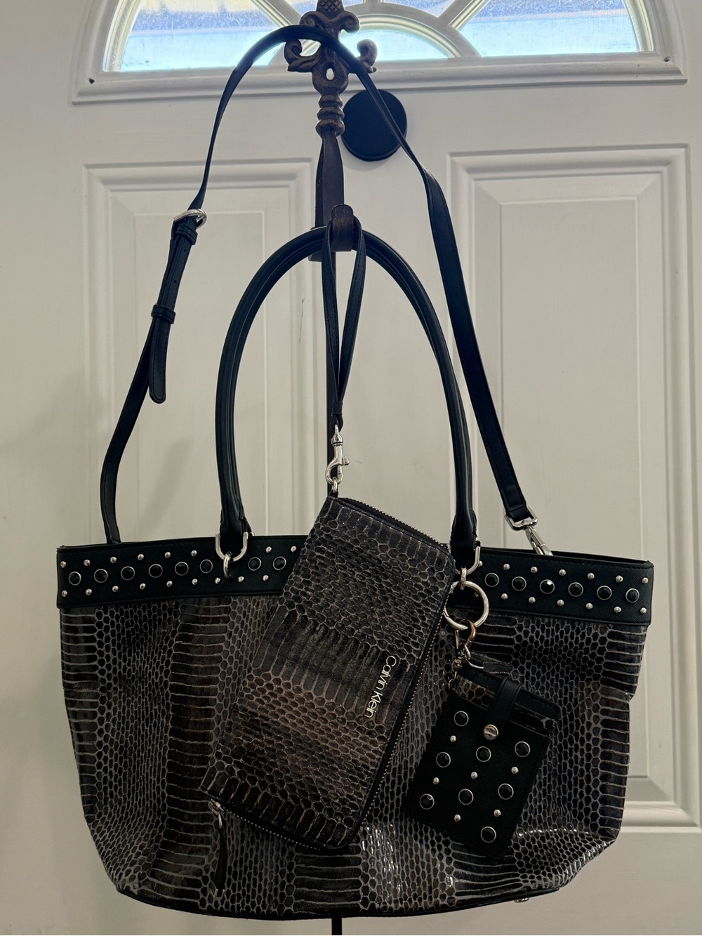 Calvin Klein Susan Patent Python Studded Tote Bag & Matching Wallet Wristlet Set
